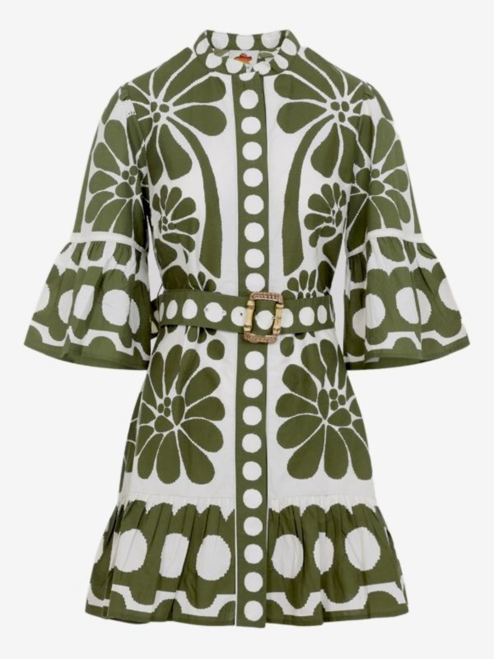 FARM Rio Off-White Green Palermo Belted Organic Cotton Mini Dress Size XXS NWT - Picture 2 of 14